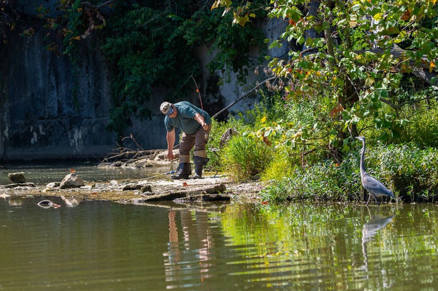 Рыболов осматривает воду и берег перед ловлей